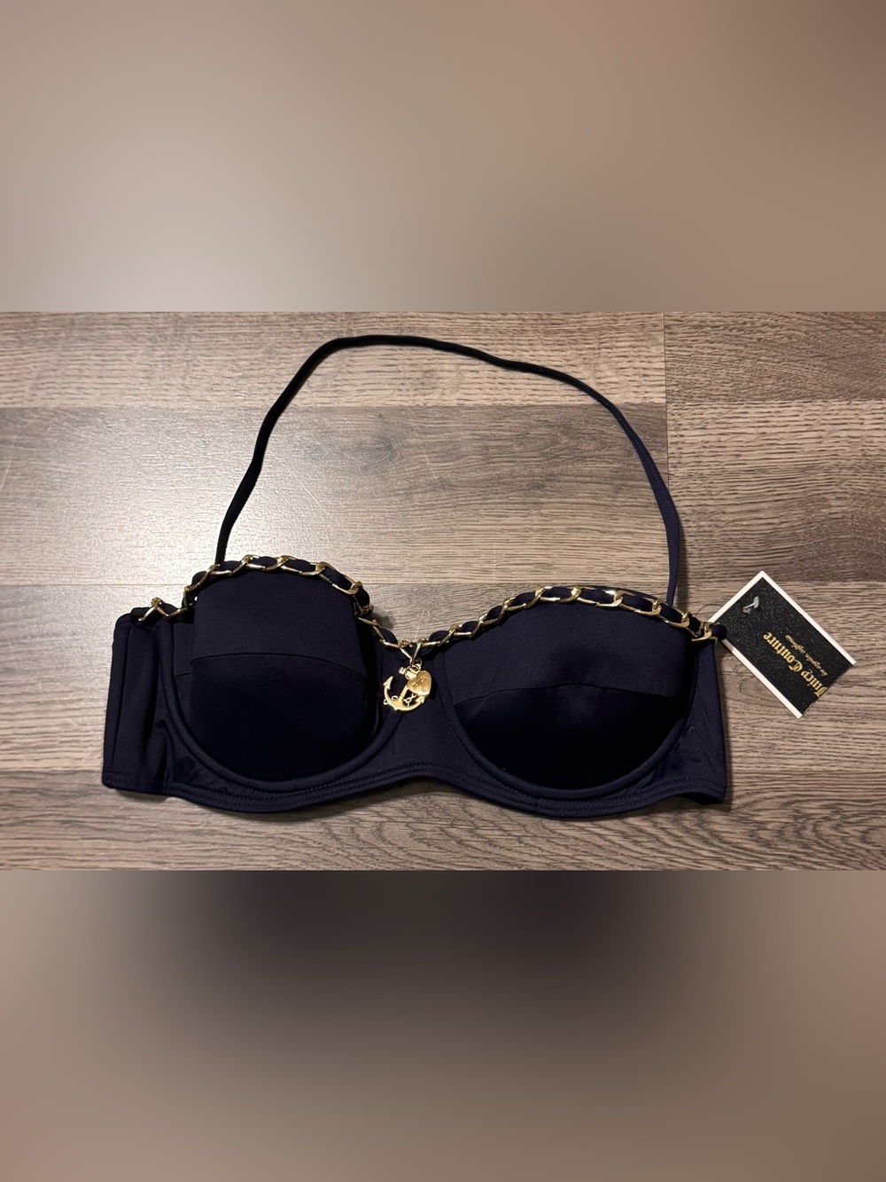Y2K Juicy Couture Halter Bikini Top Navy Gold Chain Anchor Charms Medium NWT!!